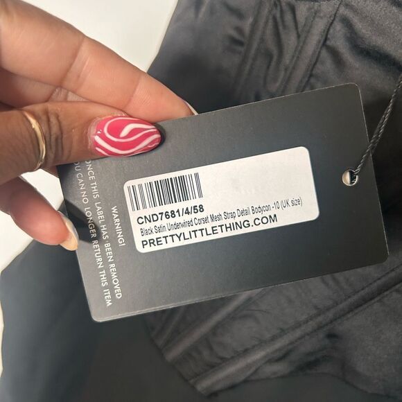 Black Satin Underwired Corset Mesh Strap Detail Bodycon Dress NWT - Picture 3 of 4